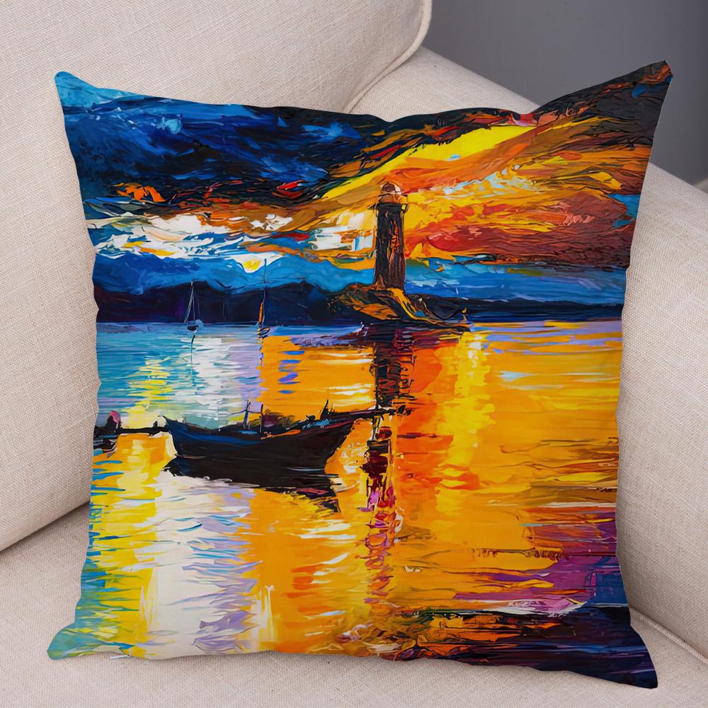 Federa Cuscino Stile Pittura ad Olio Paesaggio Colorato Barca Cavallo Stampa Floreale Lino Morbido Soggiorno Camera da Letto Casa Federa