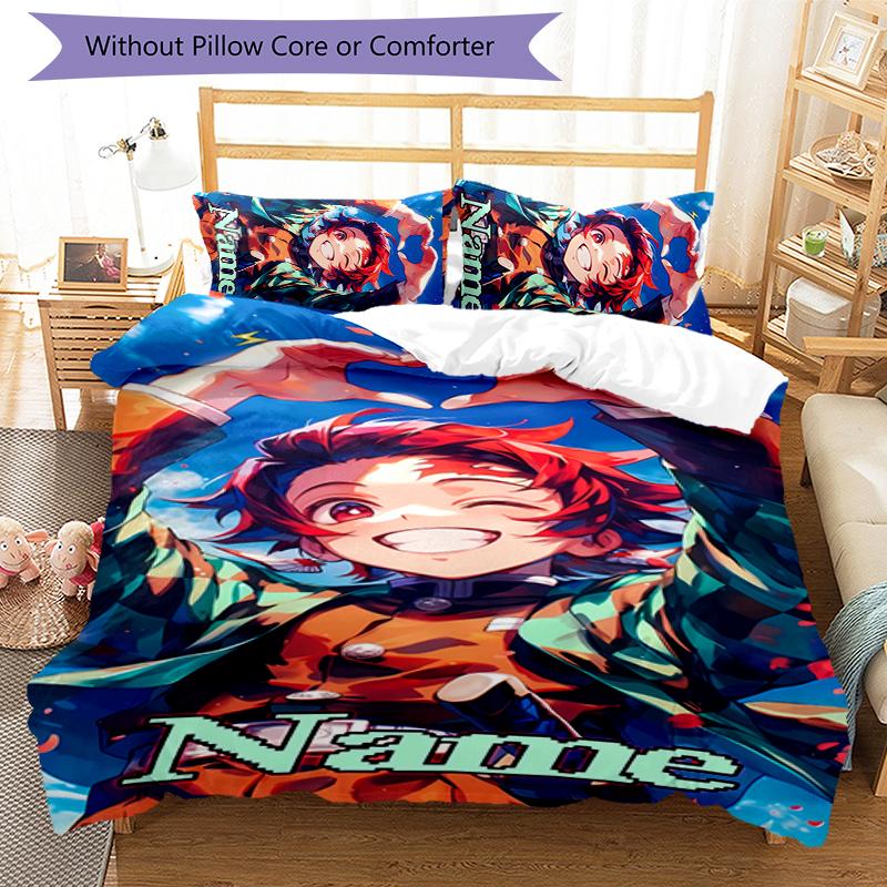 3pcs Custom Name Demon Slayer Tanjiro Bedding Set Duvet Cover Closure Includes 1 Duvet Cover & 2 Pillowcases for All Seasons Bedroom Decor