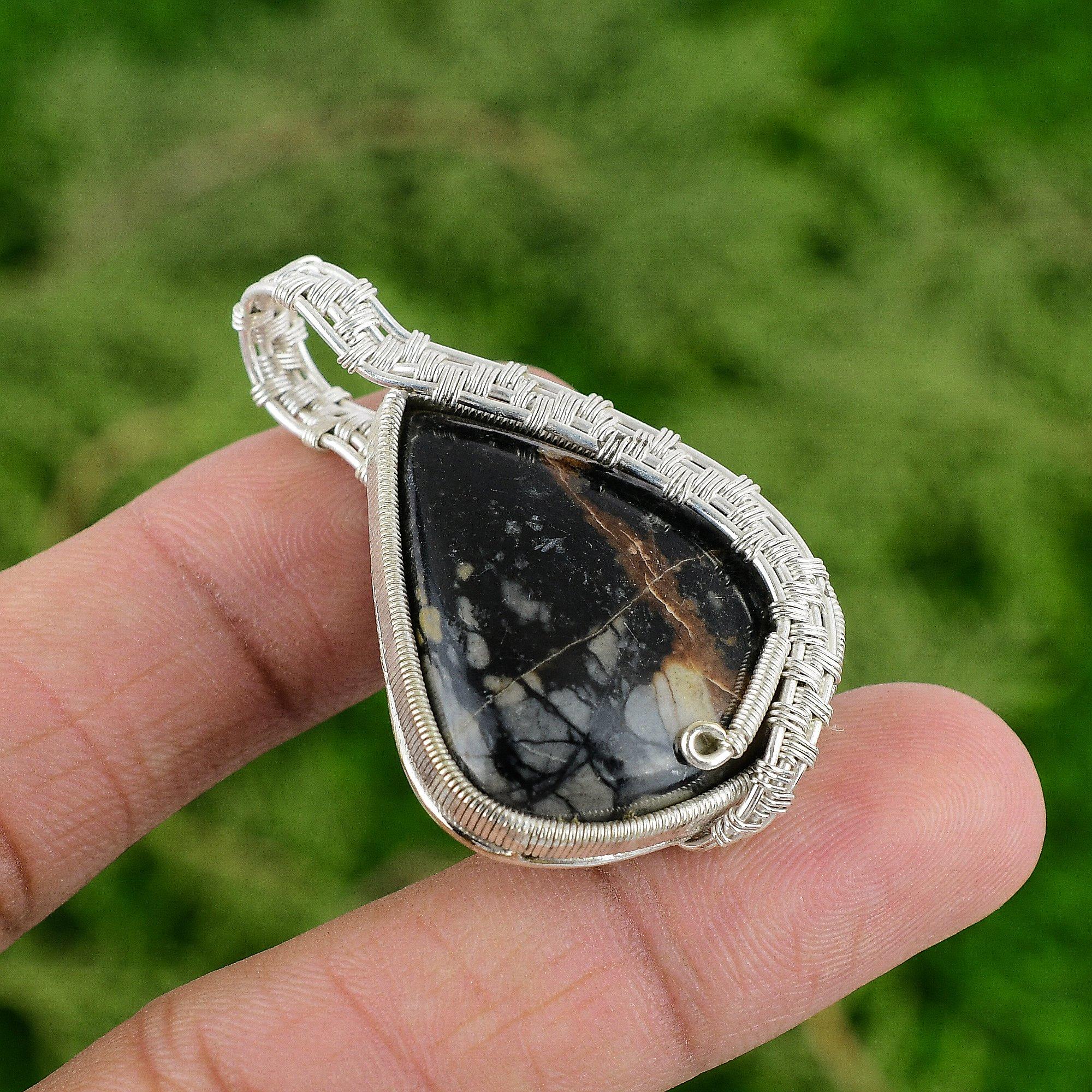

Sterling Silver Picasso Jasper Gemstone Wire Wrap Mother Bezel Pendant Jewelry
