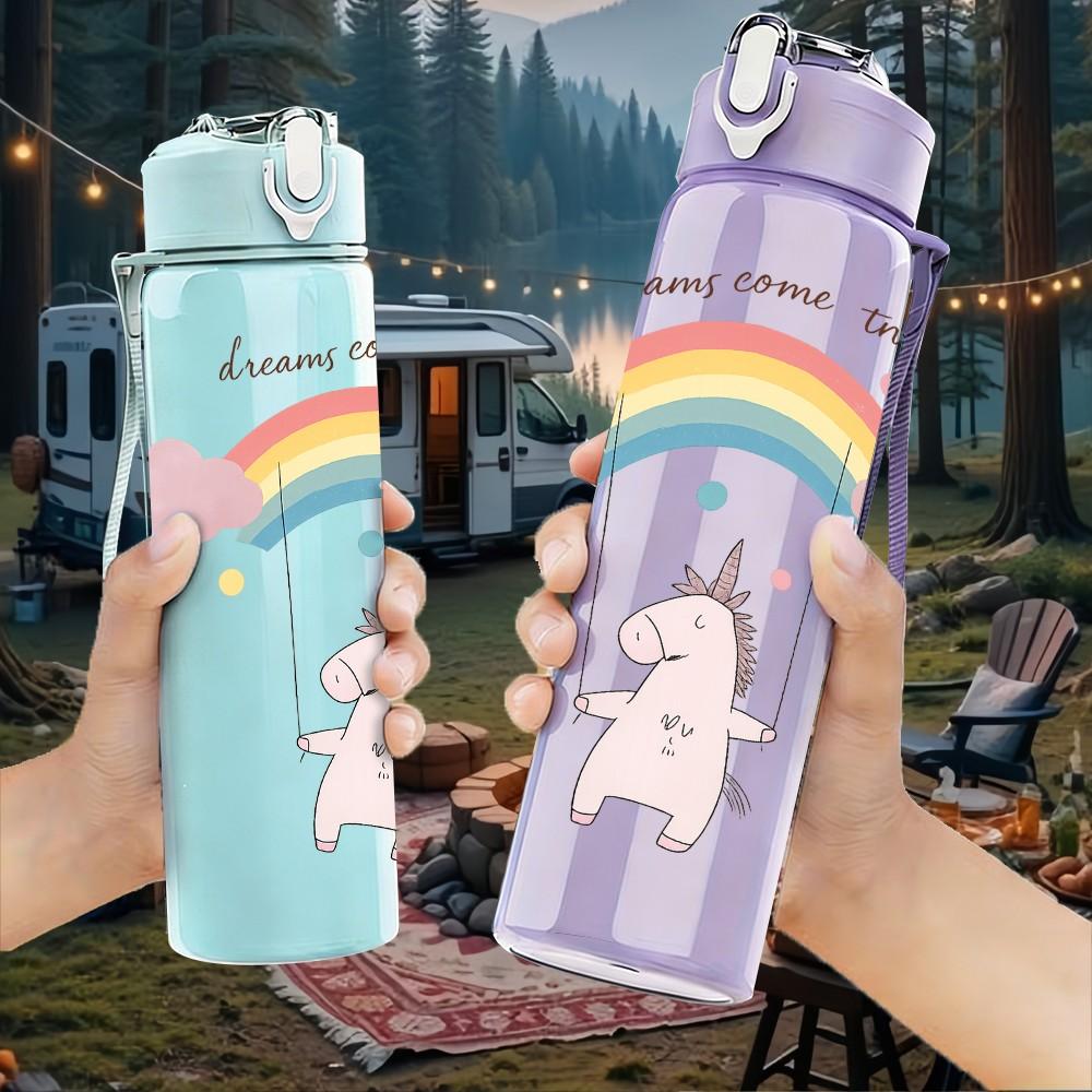 1PC Pastel Rainbow Unicorn Cloud 750ml Color Plastic Sports Water Bottle Leakproof Flip Straw Lid Suitable for Sports Office Home Use