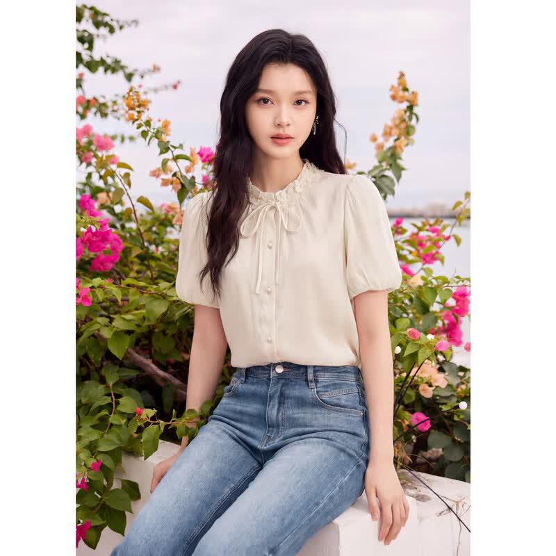 Qiusui Yiren Women s Gentle Lace Collar Bubble Sleeve Blouse L