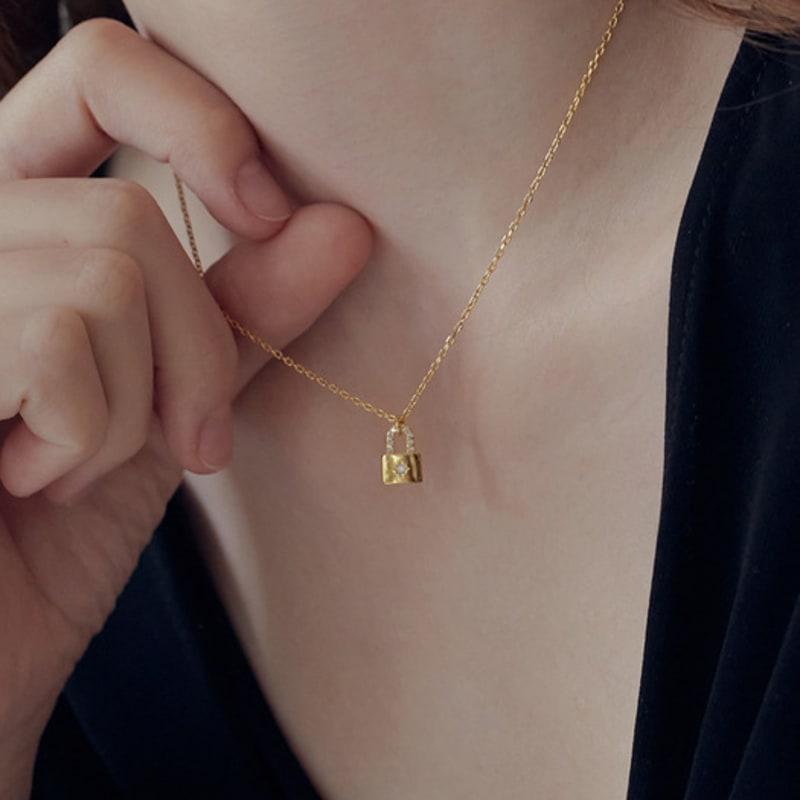 Shertz Lock Pendant Cubic Necklace (14k Gold Plated)