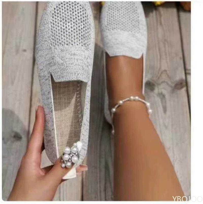 Fashion Flat bottomed shallow mouth casual shoes solid color square toe women's soft sole knitted casual simple comfortable single shoes