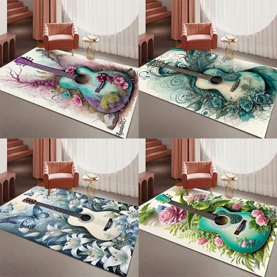 Guitar Floral Art Rug Large Size Non-Slip Floor Mat Creative Music Theme Carpet for Living Room Bedroom Home Decoration