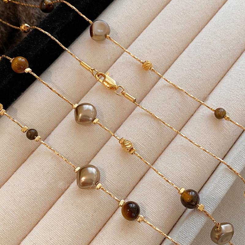 Autumn And Winter Long Tiger Eye Stone Pearl Beads Long Sweater Chain For Women'S Popular Necklace  Jewelry Accessories
