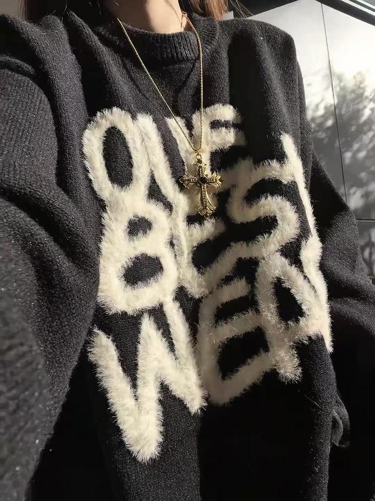 Men's Black Jacquard Mink Velvet Knit Sweater - American Retro, Heavyweight, Soft, High Elastic, Autumn/Winter Style.