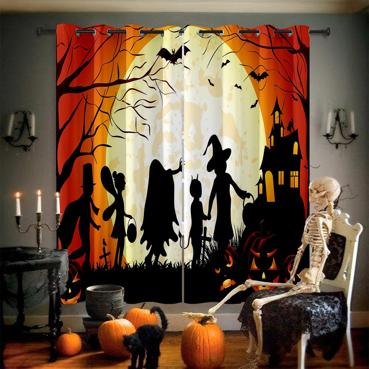 

Halloween Theme Ornamental Window Curtains Horror Pumpkin Bat Gothic Style Cartoon Style Pattern Print Window Curtains Children Children Room W50xH140(CM)x2PCS&Rod pocket