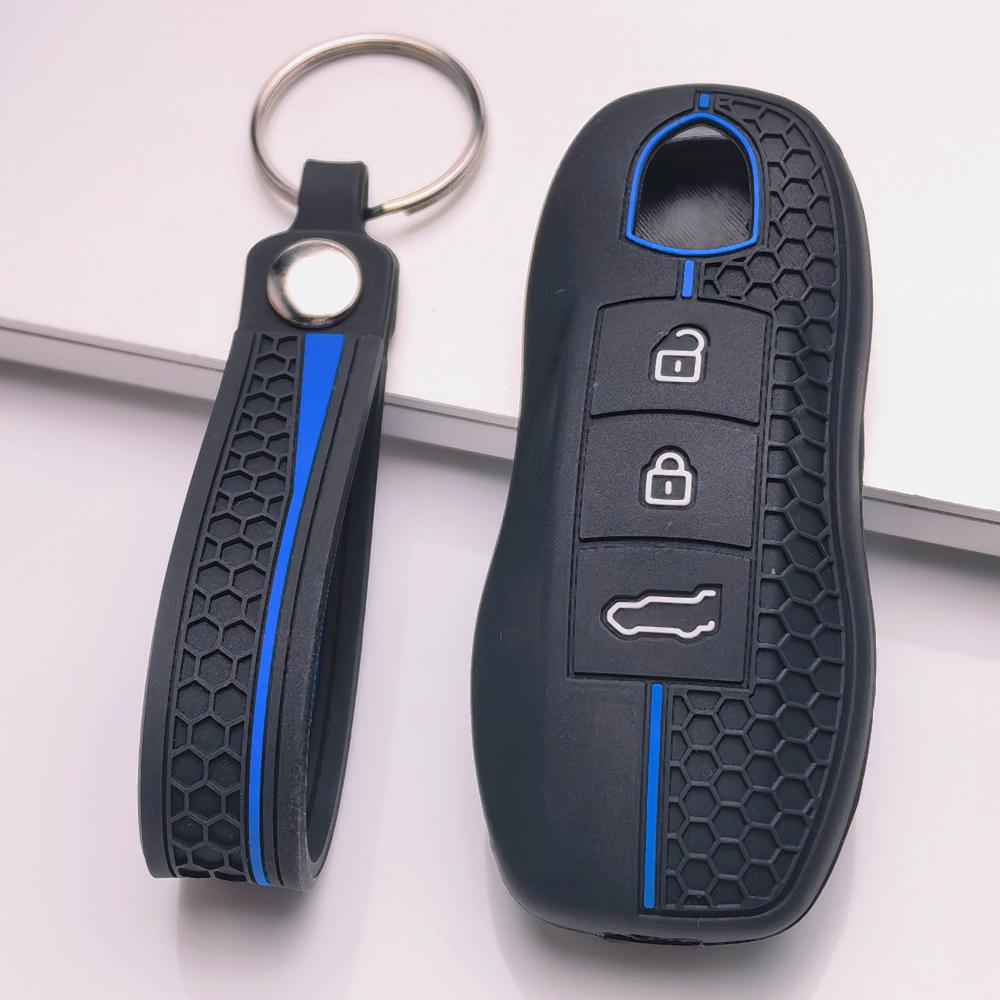 Silicone Car Key Fob Cover for Porsche Taycan 718 Spyder GT3 RS Boxster Cayman with Keychain Honeycomb Texture Racing Stripe Key Shell Accessory