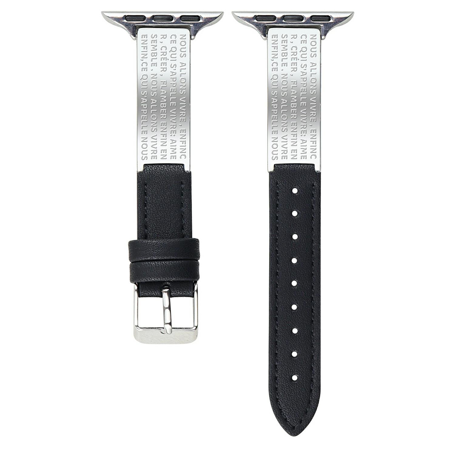 

Watch Band For Apple Watch Series 10 9 8 7 SE 6 5 4 3 2 1 42mm 41mm 40mm 38mm Poetry Metal Curved Plate Wrist Strap Black Leather