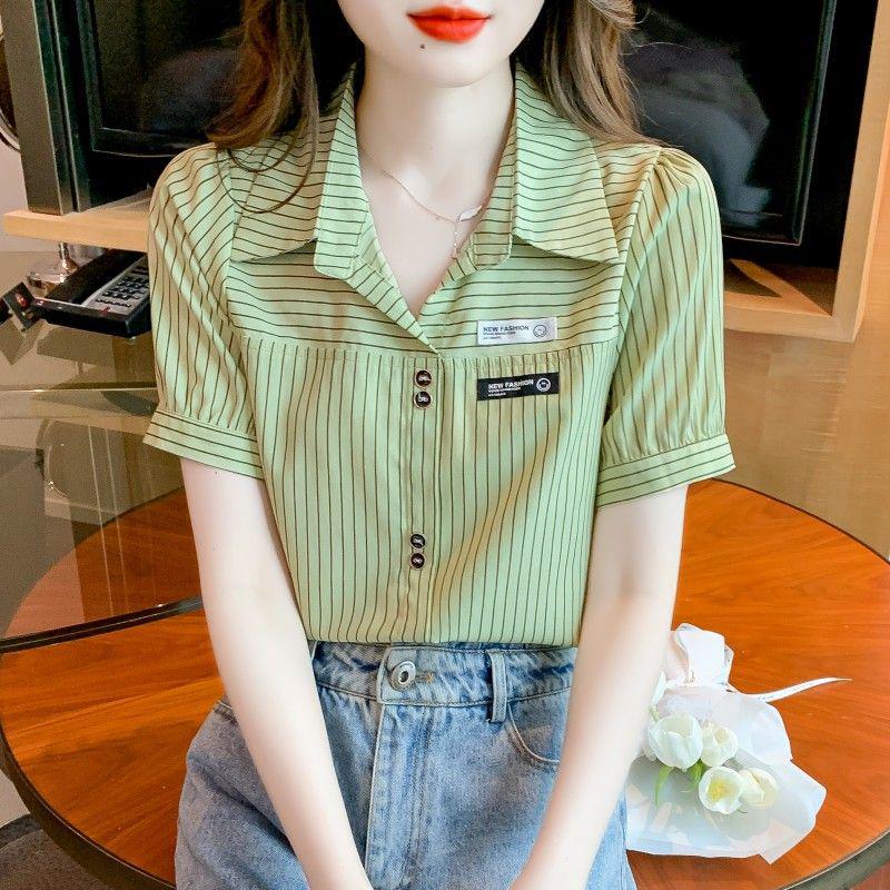 

Women s Striped Chiffon Short-Sleeve Summer 2024 Top – Niche Pullover Design in Western Style M зелёный