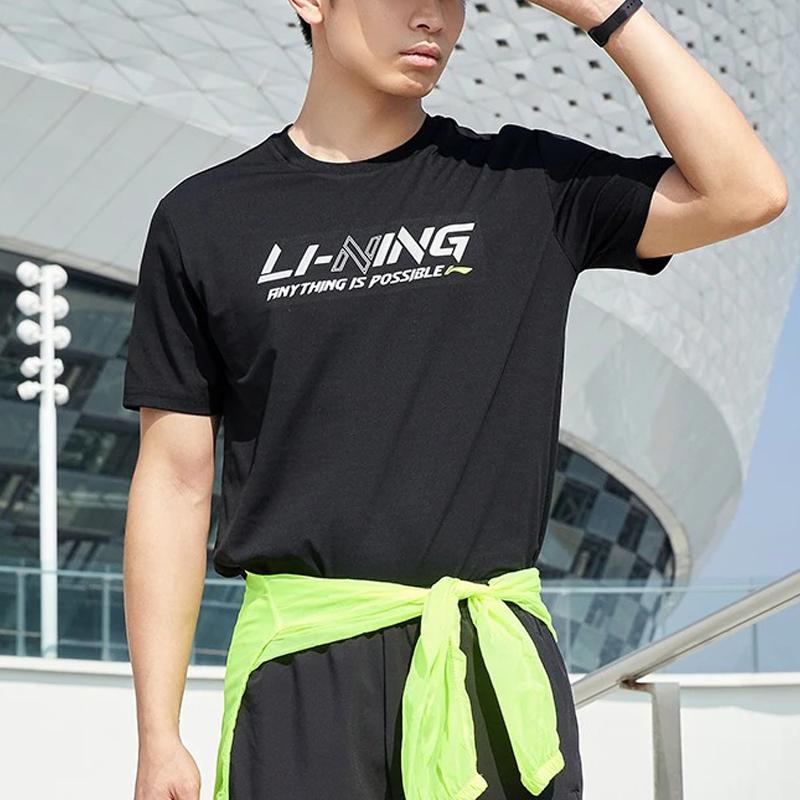 Li Ning Training Series Reflective Letter Logo Quick-Dry Short Sleeve T-Shirt Men Tops Black ATSS833-1