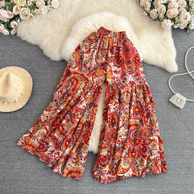 Summer Bohemian Vacation Beach Pants Elegant High Elastic Waist Wide Leg Printed Trouser Casual Flare Fladas New Fashion
