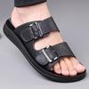 Fashion Double Buckle Designer Leather Slippers for Men Summer New Fashion Casual Dress Slipper  Man Soft-soled Breathable Beach Shoes