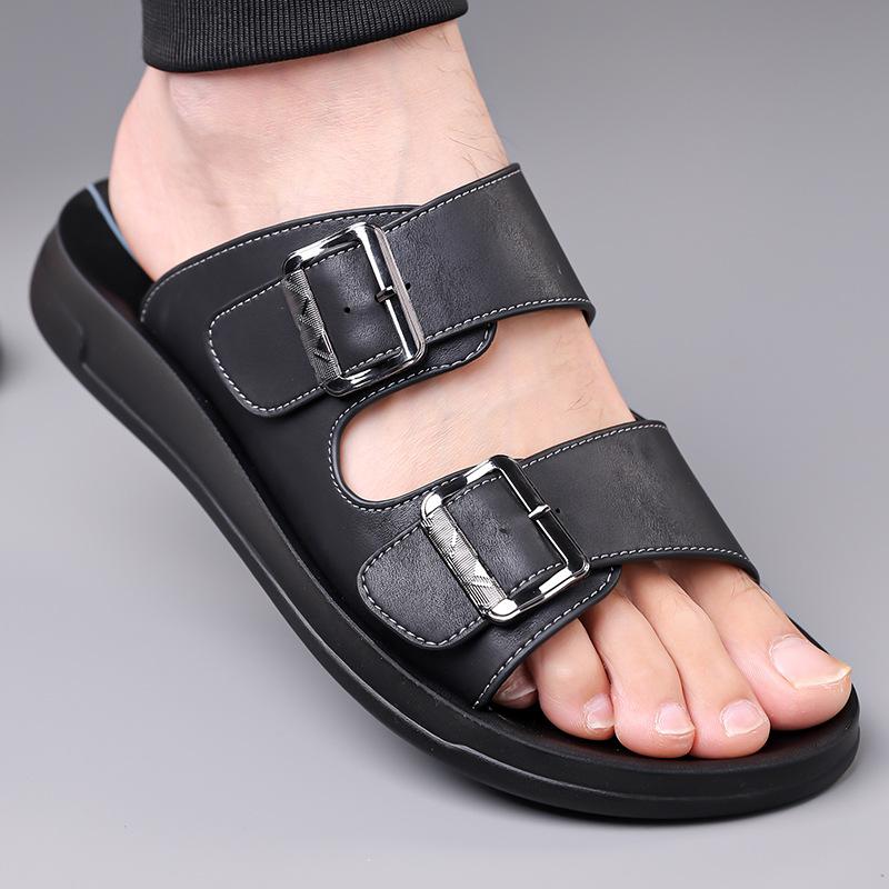 Fashion Double Buckle Designer Leather Slippers for Men Summer New Fashion Casual Dress Slipper Man Soft-soled Breathable Beach Shoes