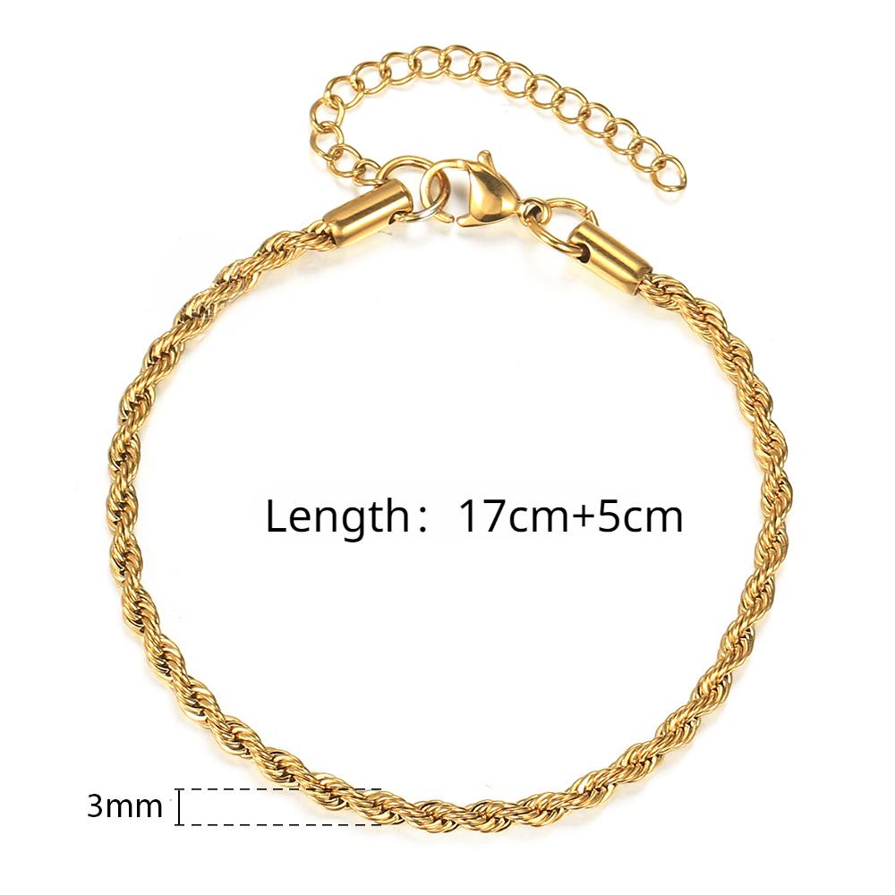 

Браслеты-цепочки из витой веревки из нержавеющей стали 2/3/4/5 мм для женщин и мужчин, модный браслет в стиле панк, регулируемая длина 17 см + 5 см 3mm（17+5cm） золотой