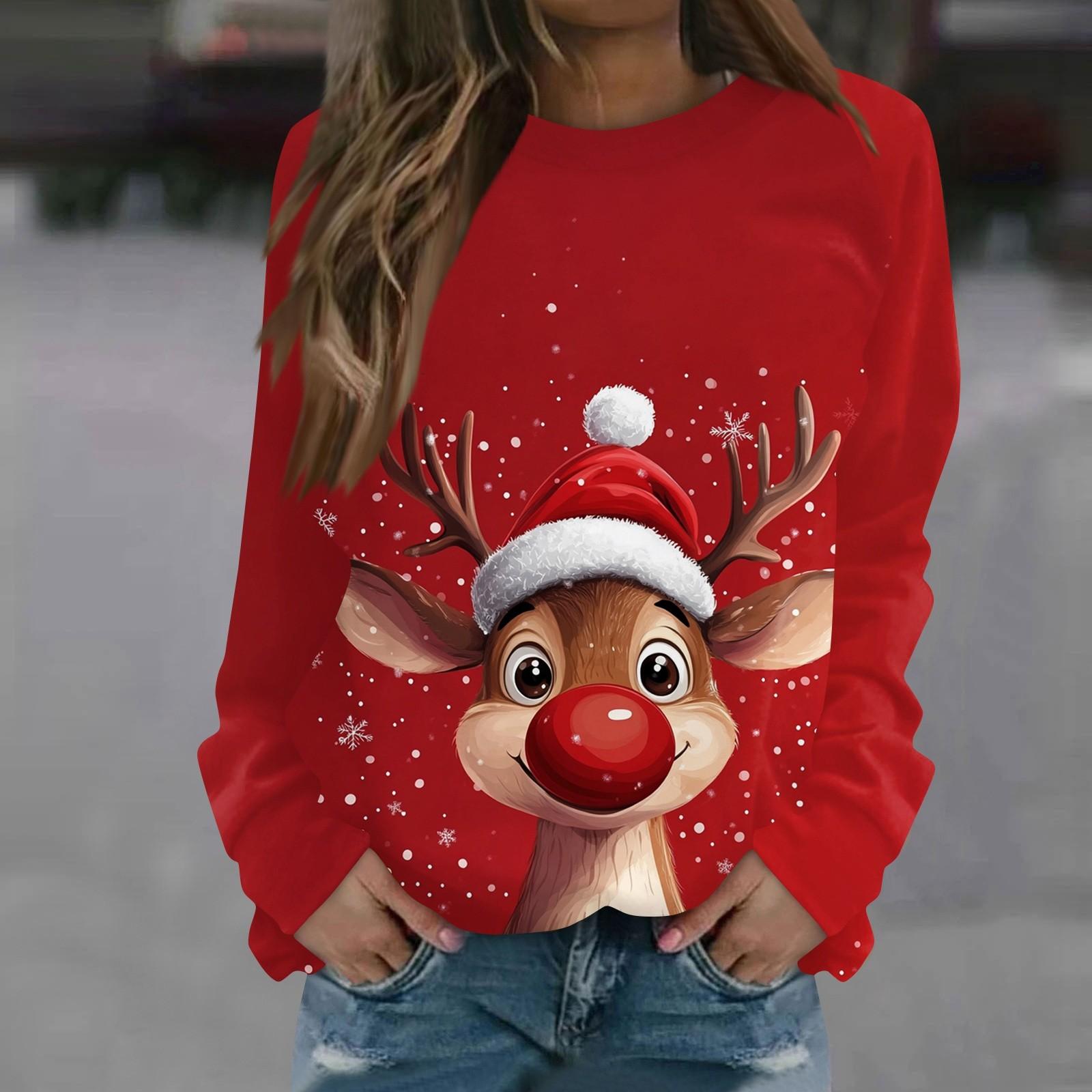 

Жіночий повсякденний модний різдвяний принт, пуловер з довгим рукавом і круглим вирізом, верхня блуза-світшот XXL червоний
