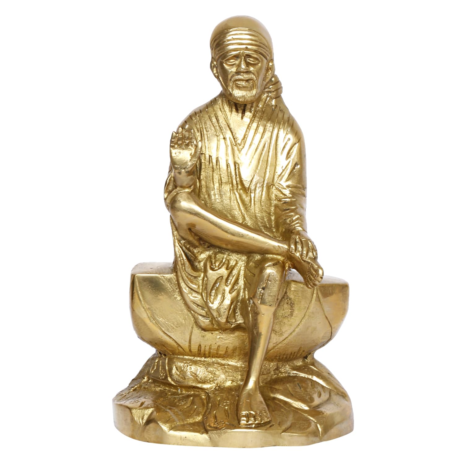 Original Brass Sai Baba Blessing Idol In Gold Color, Religious Murti - 8 Inch