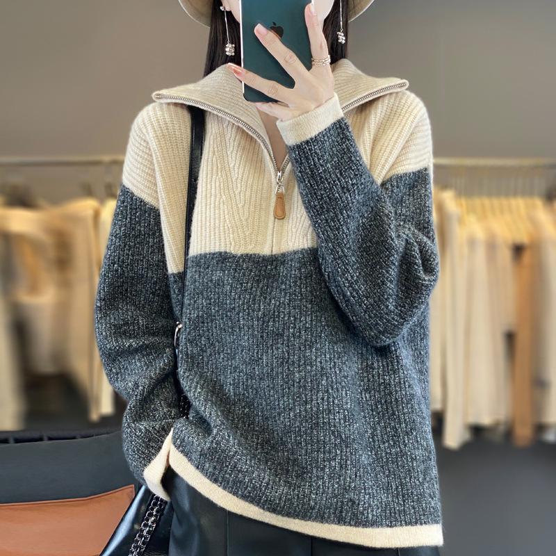 Women's High-Neck Color-Block Wool Pullover Sweater, Loose Fit Half-Zip for Autumn/Winter