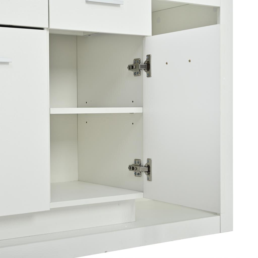 160*40*75cm Side Cabinet with LED Light Strip and 3 Drawers, Chest of Drawers with 14 Storage Compartments, Tempered Glass Bottom Panel, White
