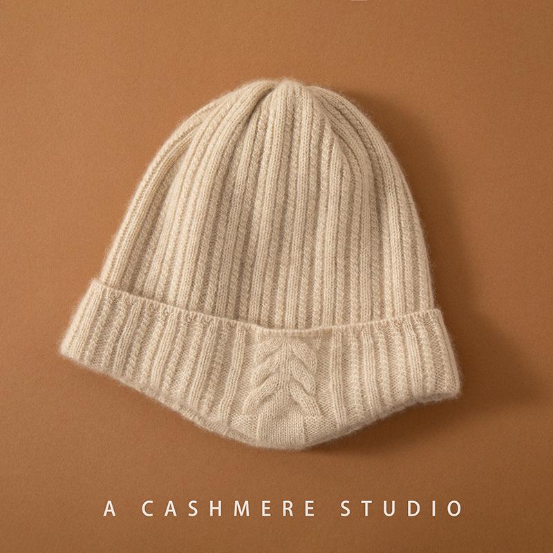 Women's British Style Pure Cashmere Knitted Hat: Solid Color, Ear Protection, Warm for Autumn and Winter.