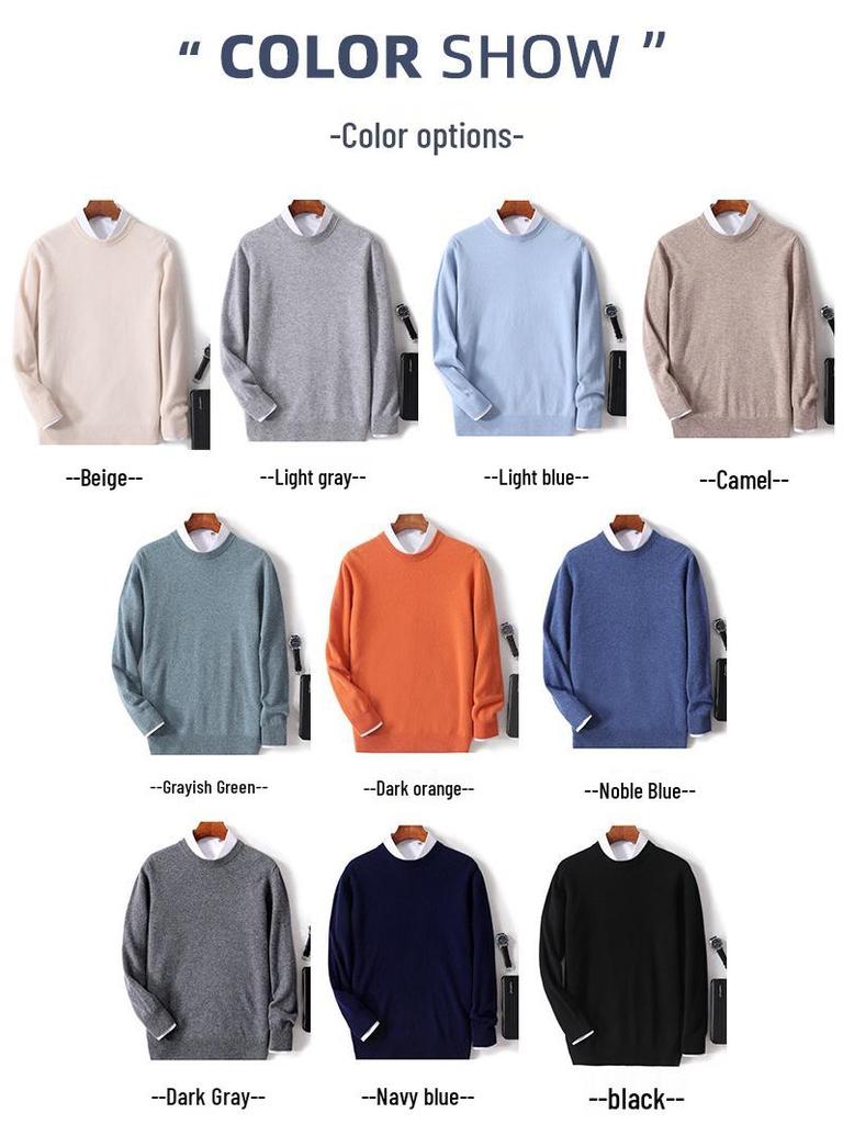 Men's 100% Pure Wool Crew Neck Sweater - Medium Thickness, Solid Color Knitwear for Autumn and Winter Warmth
