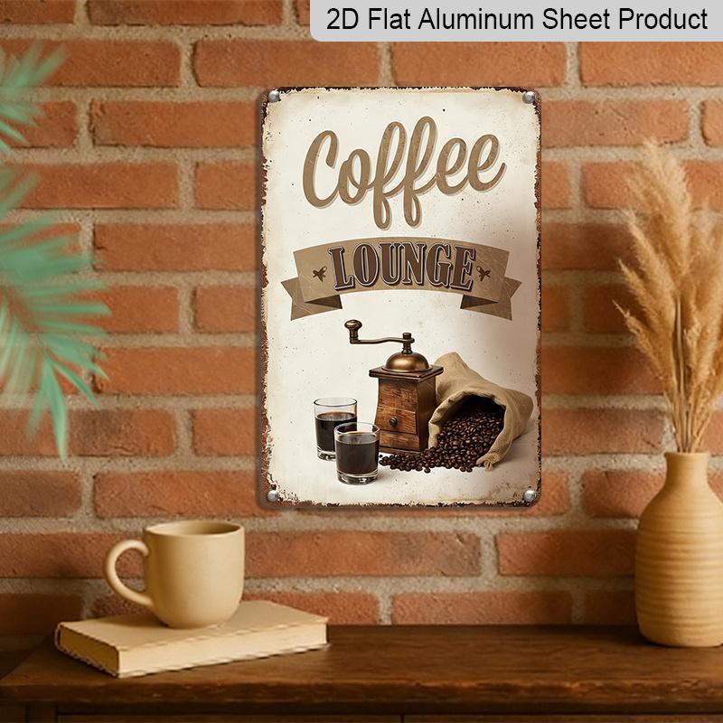 2D Flat 8*12inch Aluminum Sign and Plaque, Retro Coffee Lounge Decorative Aluminum Plate with Coffee Bean Grinder and Cup Design, Suitable for Cafes