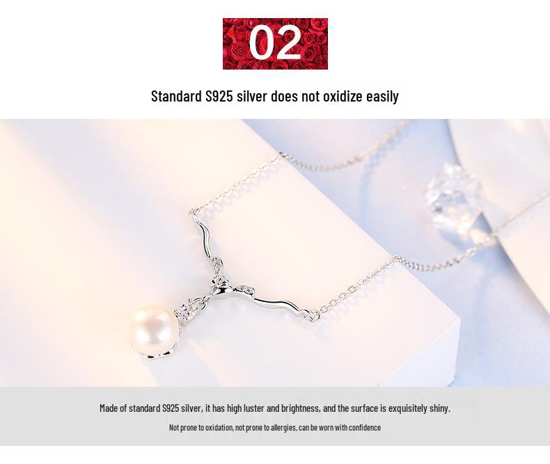 S925 Sterling Silver Elk Pendant Necklace with Freshwater Pearl - Ethnic Style Christmas Gift.