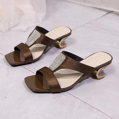 Fashion Women's Fashion Sequin Flip-flops Summer New Square Head Open Toe Hollow-out Anti-slip Wear-resistant Heel Shoes