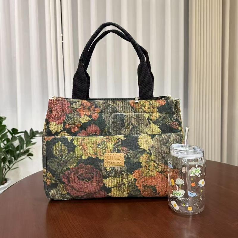Borsa a mano tote retrò stile dipinto a olio floreale portatile con custodia per contenitore per il pranzo grande capacità borsa da esterno