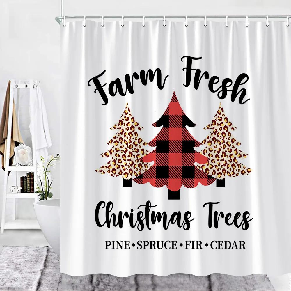 

Farmhouse Christmas Shower Curtain Set Red Black Buffalo Checkered Border Xmas Tree New Year Decor Fabric Hook Bathroom Curtains W60H190(CM)-1 Pcs