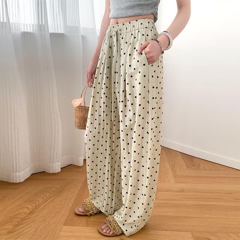 

Polka dot scimitar pants women s new summer thin linen pants high waist drape loose lazy casual wide-leg pants XL хаки