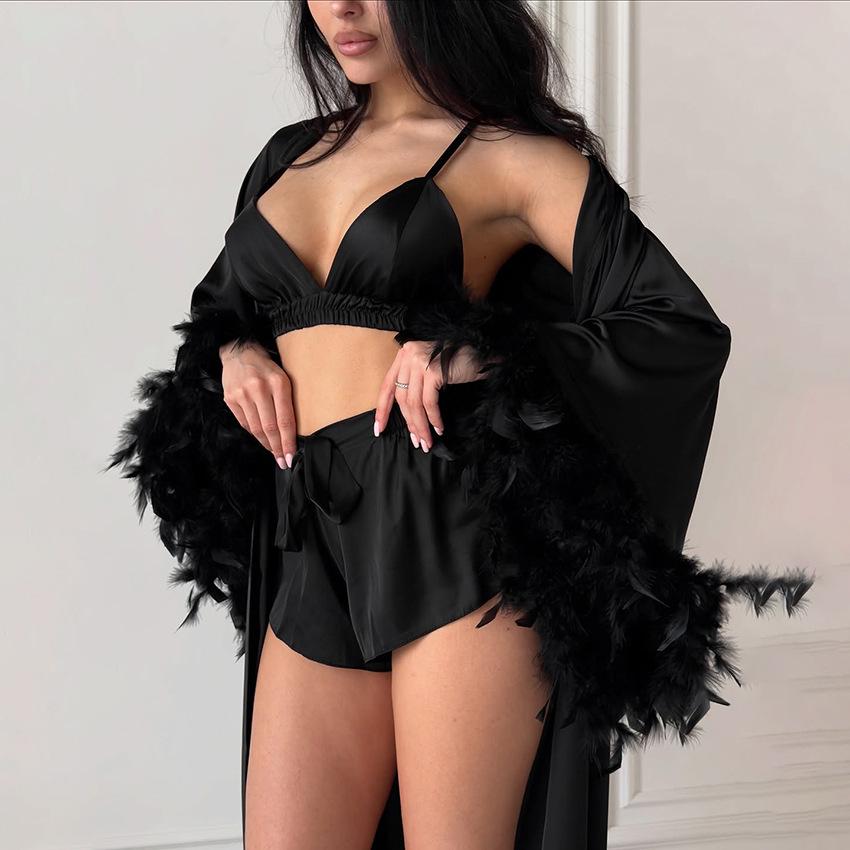 1011 European and American imitation silk high-end feather robe underwear shorts pajamas women's autumn and winter three-piece loungewear women's