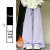 Women's Black Thick Lambswool Cotton Patchwork Wide-Leg Pants - Autumn/Winter Warm Velvet Plush, Straight-Leg Style