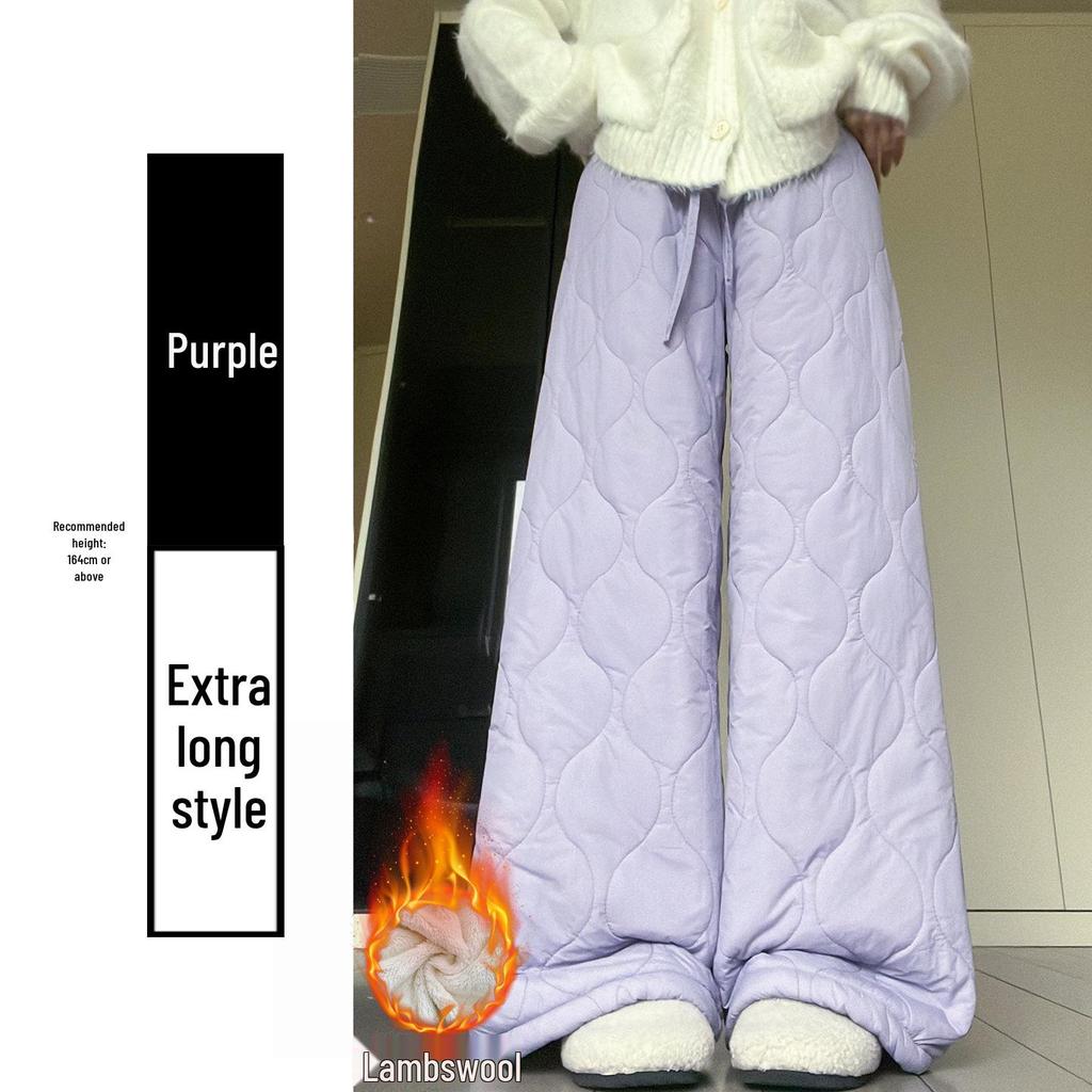 Women's Black Thick Lambswool Cotton Patchwork Wide-Leg Pants - Autumn/Winter Warm Velvet Plush, Straight-Leg Style
