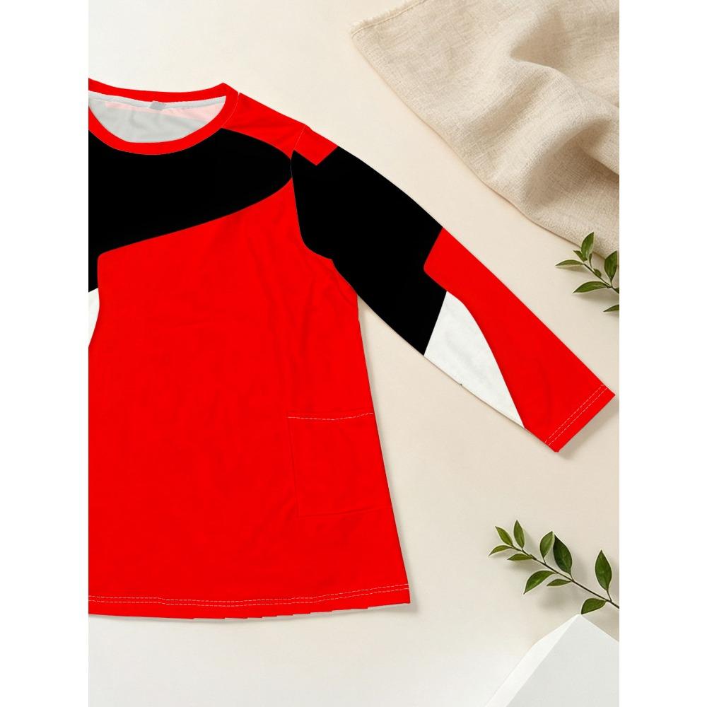 Women's Plus Size with Pocket Design Red Splicing Loose Long Sleeve T-Shirt