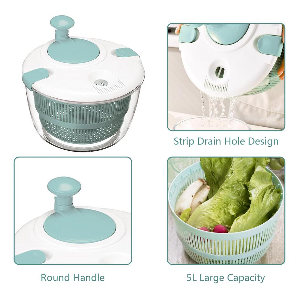 Large Salad Spinner 5L Manual Lettuce Dryer with Brake Button Vegetable Fruit Washer for Kitchen Prep Quick Wash Spin Drain Greens in One Bowl Blue