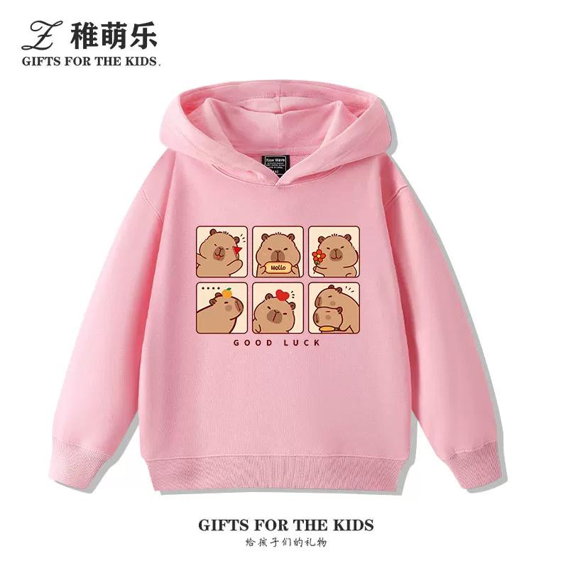 Sudadera con capucha infantil con estampado de capibara, otoño e invierno, para niños y niñas, forrada de felpa, versátil y a la moda.