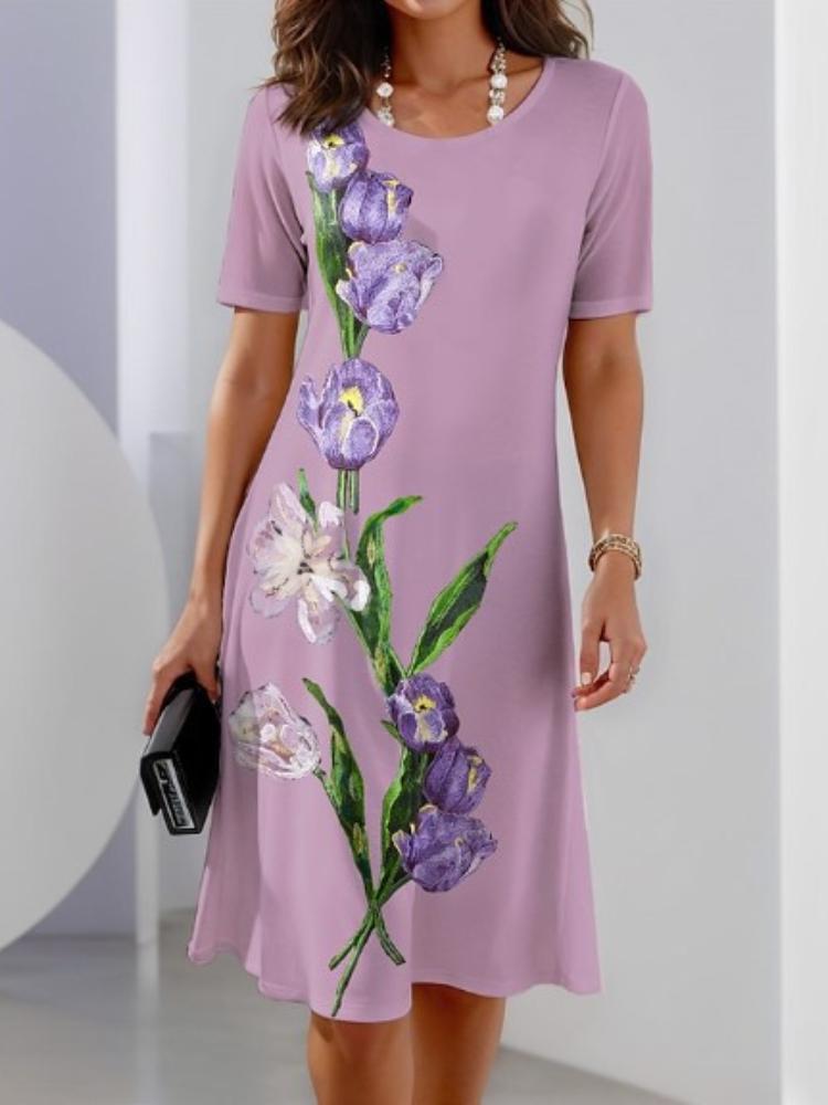 Summer Women's Round Neck Short Sleeve Printed Fashion Loose Midi Dress