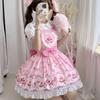 Japanse Kawaii Lolita Jsk Jurk Dames Schattig Kant Ruches Cartoon Taart Print Strikband Jurk Meisjes Zoete High Tea Prinsessenjurk