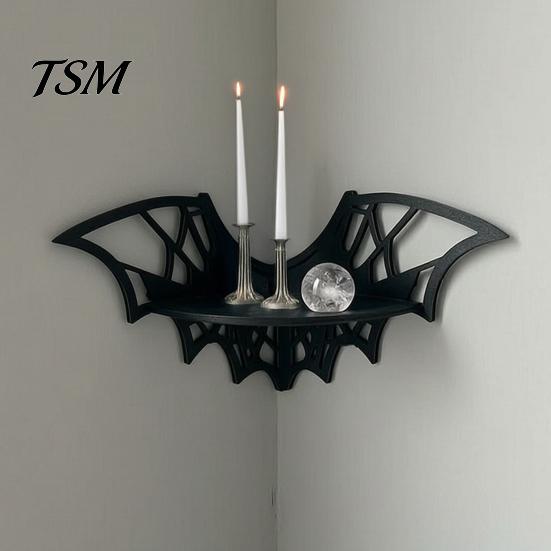 Gothic Style Furniture Halloween Bat Corner Shelf, Decorative Wooden Wall Mount Display Unique Storage Spiderweb Design Floating Rack for Home,