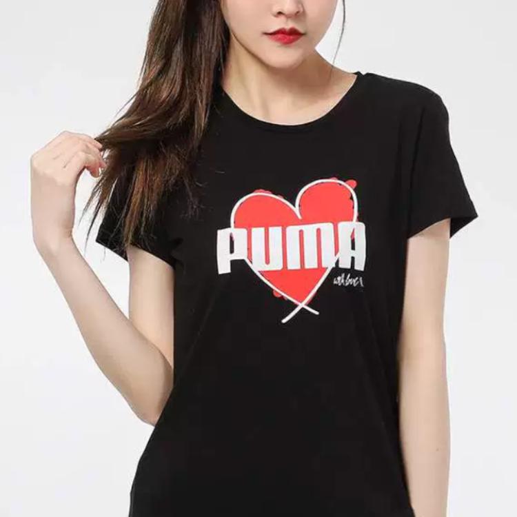 Puma Heart Print Logo Vintage American Style Crew Neck Short Sleeve T-Shirt Women Tops Black 845596-01