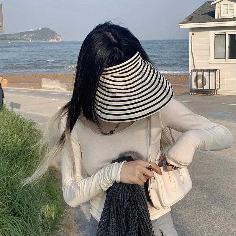 Summer Empty Top Sun Hat Hair Clip Women Fashion Striped Foldable Suncreen Visor Outdoor Traveling Beach Uv Protection Cap