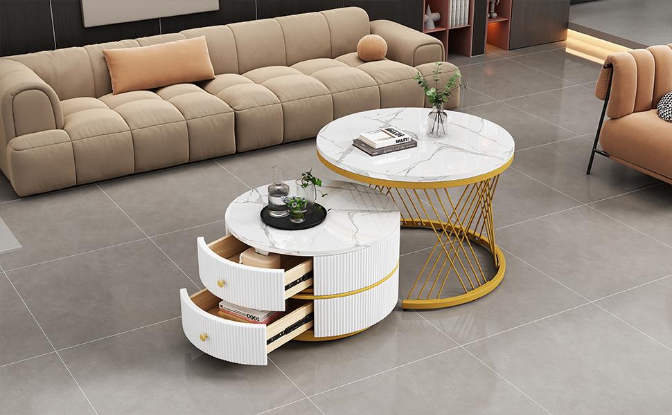 Elegant 2-Piece White Coffee Table Set, Nesting Shape, 60*60*46cm & 50*50*30.8cm, Marble Look, 2 Drawers, Load Capacity up to 30kg