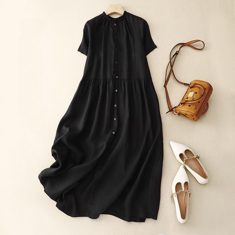 Summer New Cardigan Long Skirt Wind Cotton Linen Short Sleeved Dress