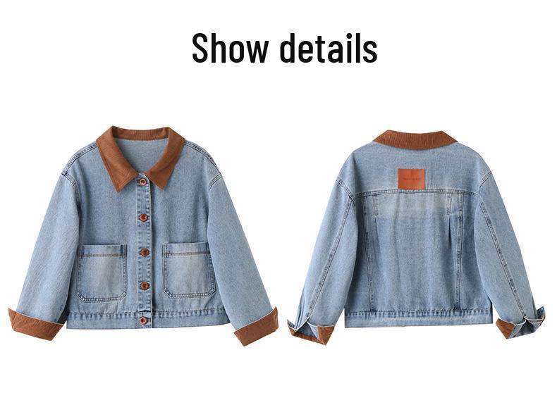 2025 Spring/Fall Retro Color-Block Patchwork Denim Jacket with Turn-Down Collar for Women