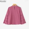 ZANZEA Womens Casual O-neck 3/4 Sleeve Crochet Patchwork Loose Blouse