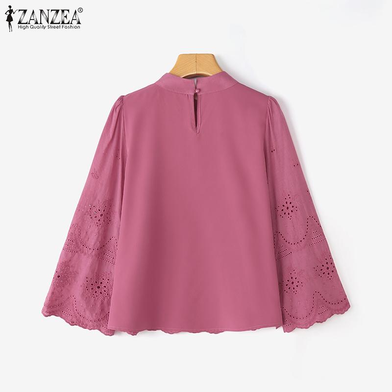 ZANZEA Womens Casual O-neck 3/4 Sleeve Crochet Patchwork Loose Blouse