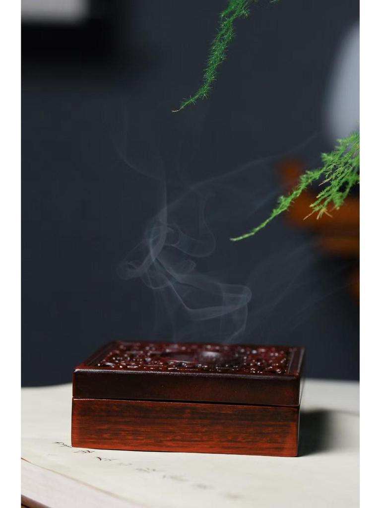 Sandalwood Ming & Qing Antique-Style Carved Incense Box and Burner, Solid Wood Zen Tea Ceremony Holder