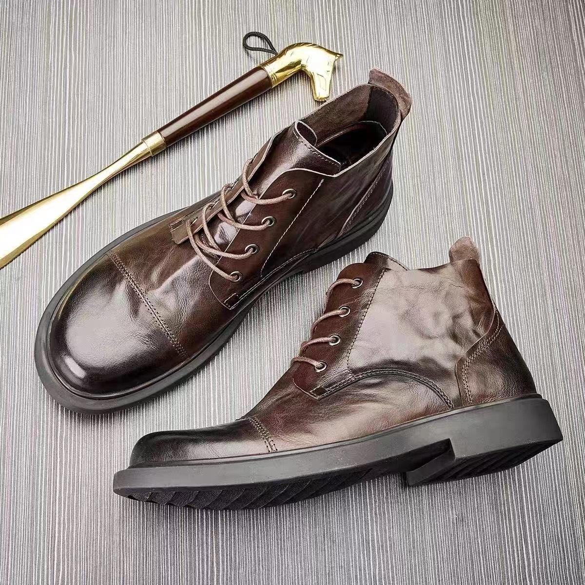 

Мужские весенние кожаные ботинки с круглым носком, удобная износостойкая обувь с высоким голенищем, универсальные ботинки Martin большого размера со средним голенищем в британском стиле. 44