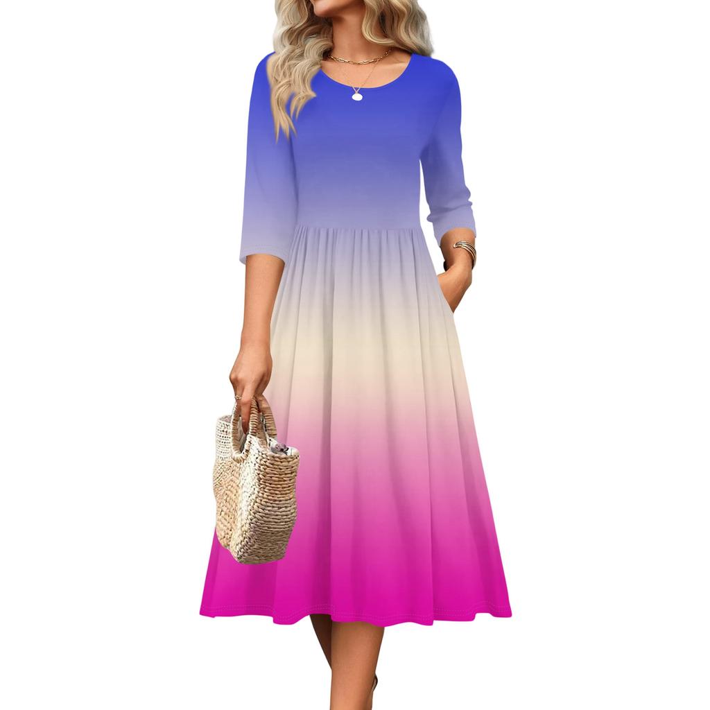 Rochie de damă cu mâneci 3/4, casual, fluidă, în A, midi, tip tricou, cu buzunare, cu gât rotund, pentru vacanță, boho, de plajă, de vară